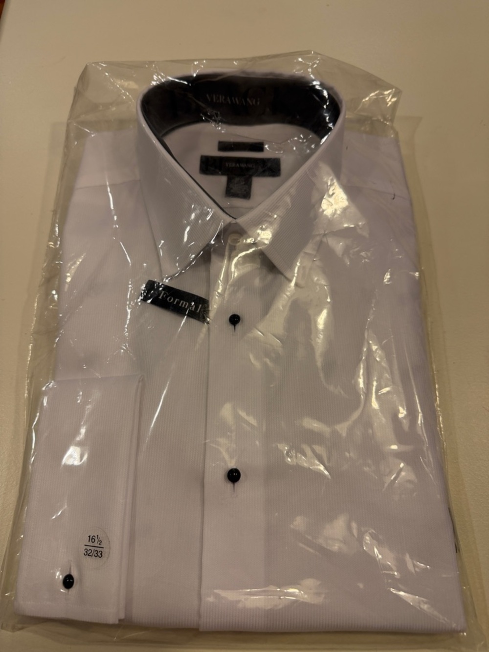 Vera Wang White Dress Shirt with Black Buttons Sz 16.5 32/33.  Box13